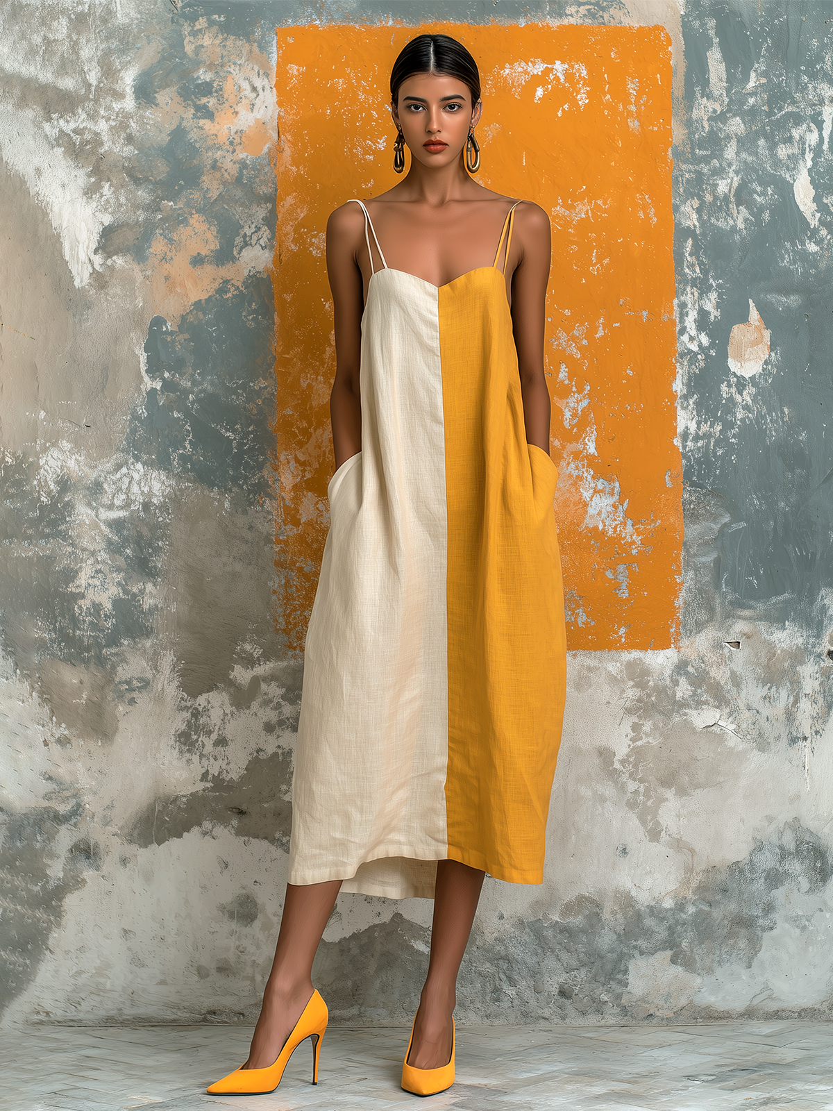 ElevenOra Chic Elegant White-Mustard Yellow Colorblock Spaghetti-Strap Sweetheart Neck Sleeveless Loose-Fit Cotton-Linen Blend Midi Dress
