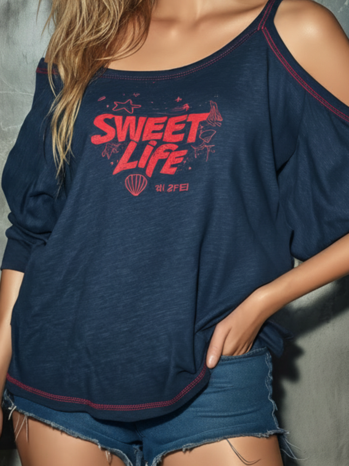 ElevenOra Chic Casual Navy Blue Round-Neck Letter Print Cold Shoulder Contrast Stitching Dolman Sleeve Oversize Slub Cotton Fabric T-Shirt Top