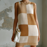 ElevenOra Chic Elegant Oatmeal-Camel Checkered Jacquard Round Neck Sleeveless Loose-Fit Knit Midi Dress
