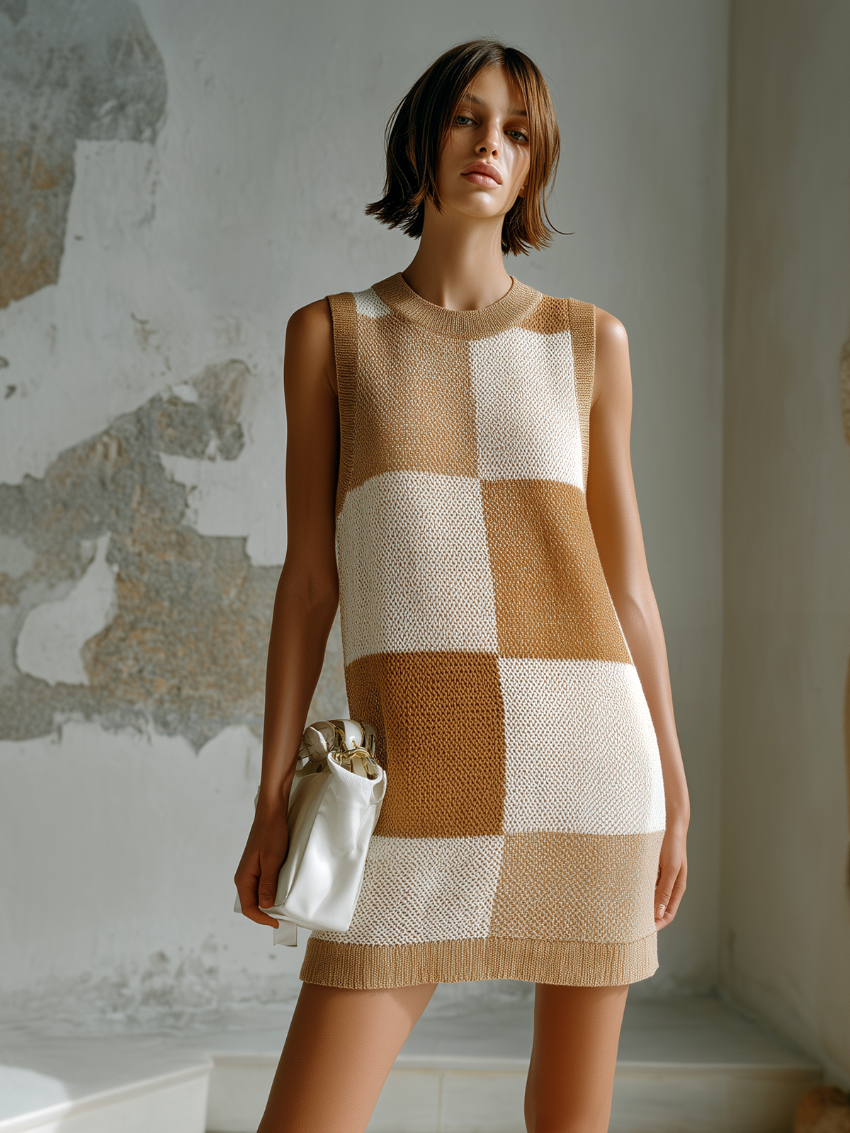 ElevenOra Chic Elegant Oatmeal-Camel Checkered Jacquard Round Neck Sleeveless Loose-Fit Knit Midi Dress