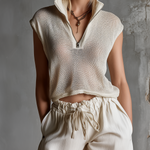 ElevenOra Chic Casual Cream Stand Collar Zipper-Front Cap Sleeve Loose-Fit Mesh Knit Sweater Top