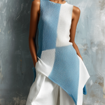 ElevenOra Chic Elegant Blue-White Colorblock Round Neck Sleeveless Asymmetric Hem Loose-Fit Knit Vest Top