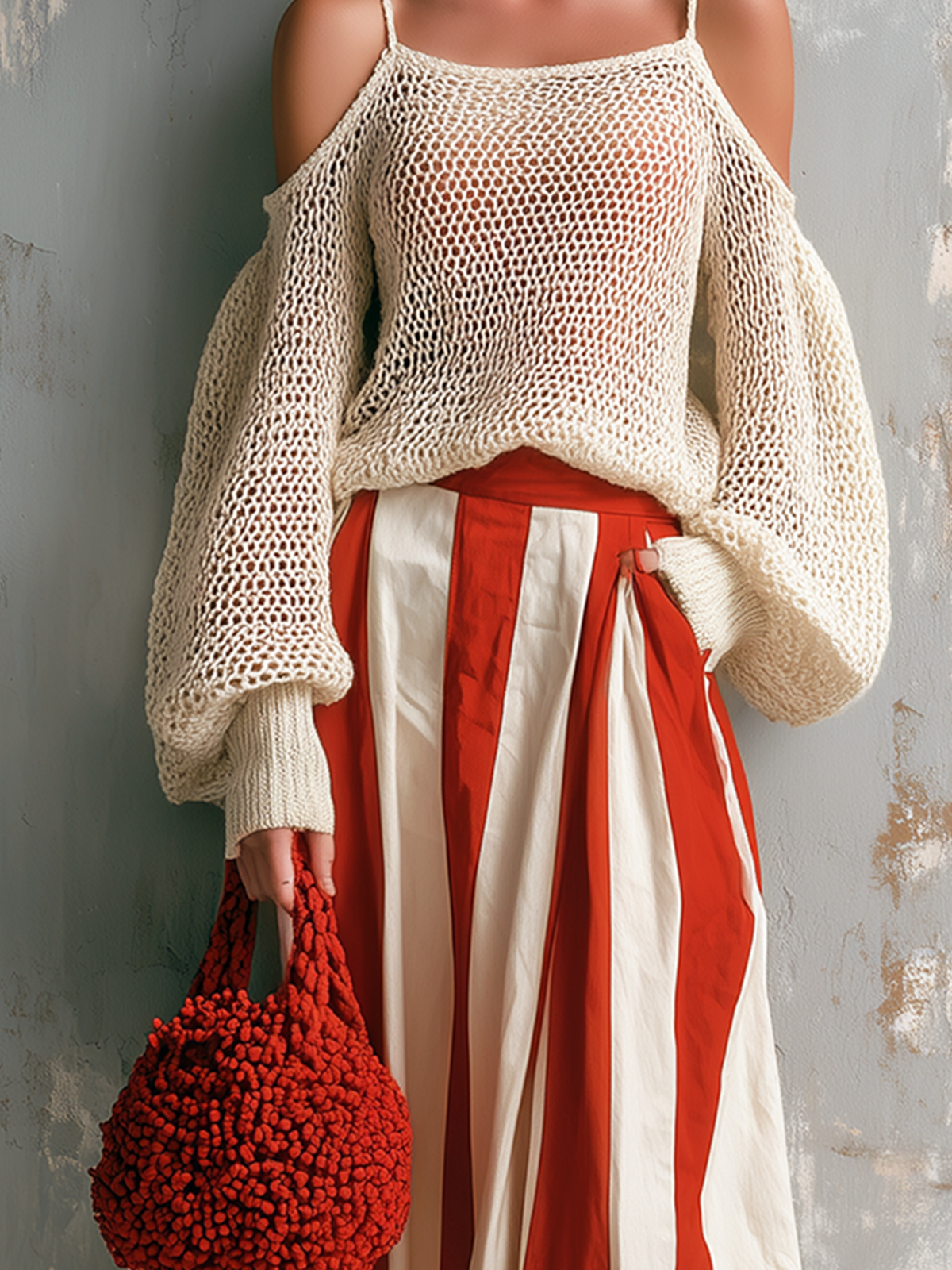 ElevenOra Chic Elegant Off-White Spaghetti-Strap Cold-Shoulder Balloon Sleeves Loose-Fit Knit Sweater White-Red Stripes Cotton Blend A-Line Midi Skirt Two-Piece Set
