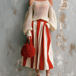 ElevenOra Chic Elegant Off-White Spaghetti-Strap Cold-Shoulder Balloon Sleeves Loose-Fit Knit Sweater White-Red Stripes Cotton Blend A-Line Midi Skirt Two-Piece Set