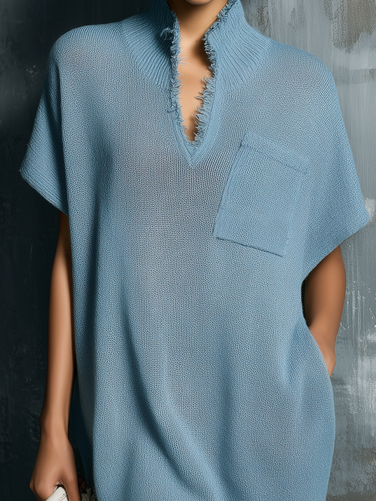 ElevenOra Chic Elegant Dusty Blue Stand Collar V-Neck Batwing Sleeve Patch Pocket  Fringed Hem Loose-Fit Knit Mini Dress
