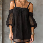 ElevenOra Chic Elegant Black Mesh Spaghetti-Strap Off-The-Shoulder Short-Sleeve A-Line Loose-Fit Mini Dress
