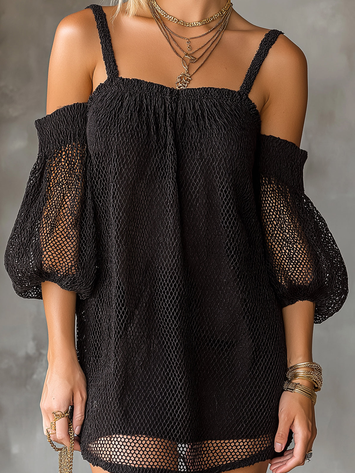 ElevenOra Chic Elegant Black Mesh Spaghetti-Strap Off-The-Shoulder Short-Sleeve A-Line Loose-Fit Mini Dress
