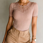 ElevenOra Chic Elegant Pink Pleated Cotton Blend Round-Neck Short-Sleeve Lace Patchwork Detail Slim-Fit T-Shirt