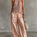 ElevenOra Chic Elegant Pink Halter-Neck Sleeveless Loose-Fit Mesh Knit Top Cotton Blend Wide-Leg Pants Two-Piece Set
