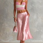 ElevenOra Chic Elegant Pink-White Stripes Halter V-Neck Sleeveless Slim-Fit Knit Vest Pink Satin A-Line Skirt Two-Piece Set