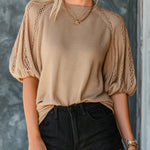 ElevenOra Chic Elegant Camel Round-Neck Short-Lantern-Sleeve Hollow-Out Detail Loose-Fit Knit Sweater Top