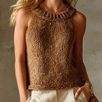 ElevenOra Chic Elegant Brown Round-Neck Sleeveless Loose-Fit Knit Vest Top