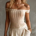 ElevenOra Chic Elegant Cream White Off-The-Shoulder Sleeveless Slim-Fit Hollow Knit Vest Top