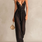 ElevenOra Chic Elegant Black Lace Trim Detail Deep V-Neck Sleeveless Tailored-Waist Knit Wide-Leg Jumpsuit