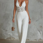 ElevenOra Chic Elegant White Cotton Blend Halter V-Neck Lace Patchwork Detail Sleeveless Tailored-Waist Wide-Leg Jumpsuit