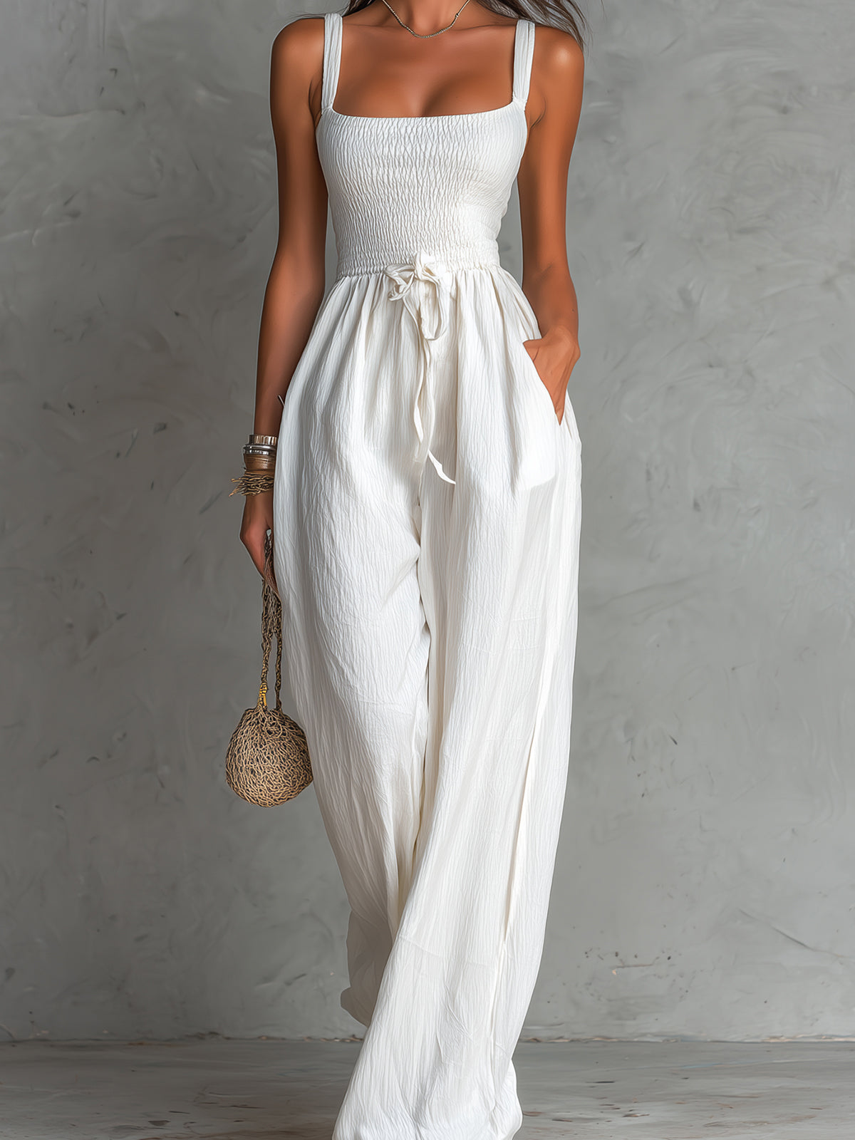 ElevenOra Chic Elegant White Cotton Blend Square-Neck Sleeveless Shirring Detail Drawstring-Waist Wide-Leg Jumpsuit