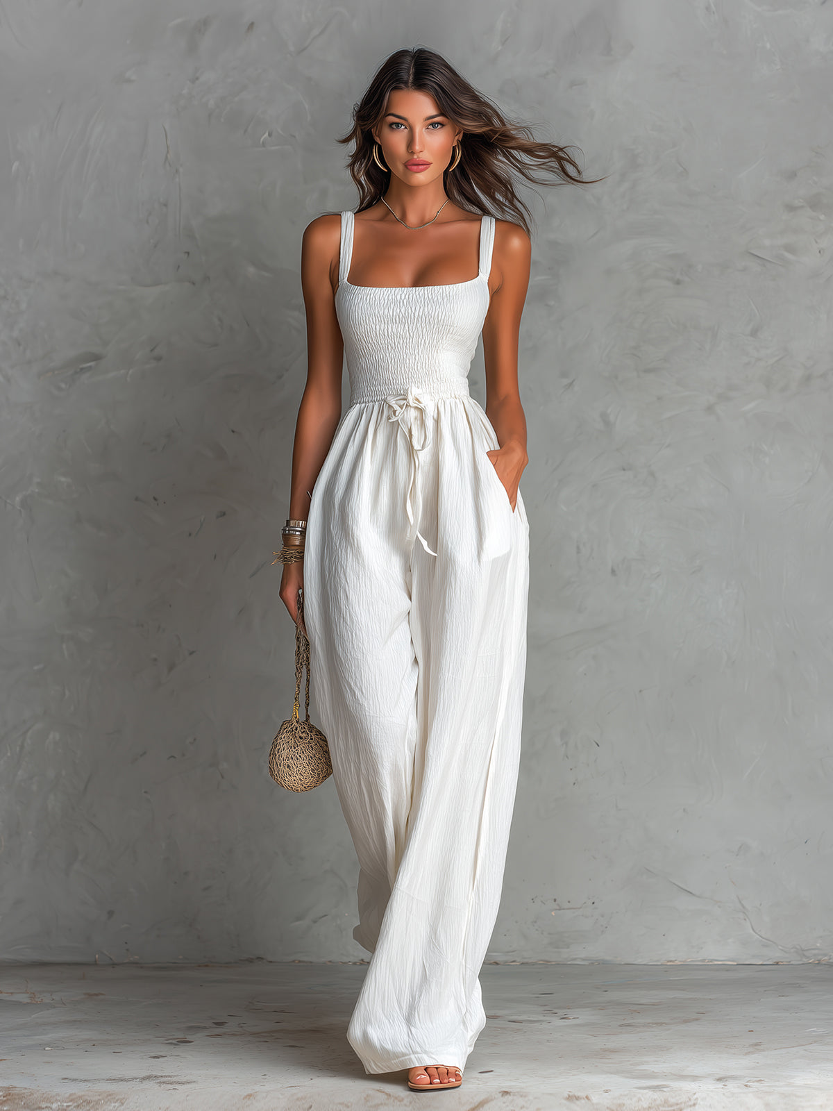 ElevenOra Chic Elegant White Cotton Blend Square-Neck Sleeveless Shirring Detail Drawstring-Waist Wide-Leg Jumpsuit
