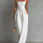 ElevenOra Chic Elegant White Cotton Blend Square-Neck Sleeveless Shirring Detail Drawstring-Waist Wide-Leg Jumpsuit