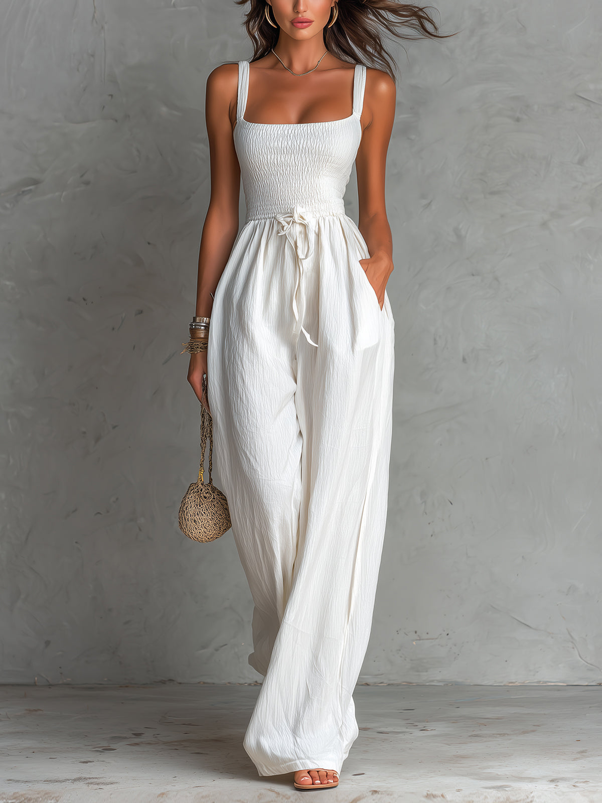 ElevenOra Chic Elegant White Cotton Blend Square-Neck Sleeveless Shirring Detail Drawstring-Waist Wide-Leg Jumpsuit