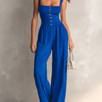 ElevenOra Chic Elegant Royal Blue Pleated Cotton Blend Square-Neck Sleeveless Button-Front Detail Tailored-Waist Wide-Leg Jumpsuit