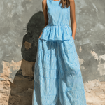 ElevenOra Chic Elegant Blue-White Stripes Round Neck Sleeveless Peplum Loose-Fit Top Cotton Blend Wide-Leg Pants Two-Piece Set