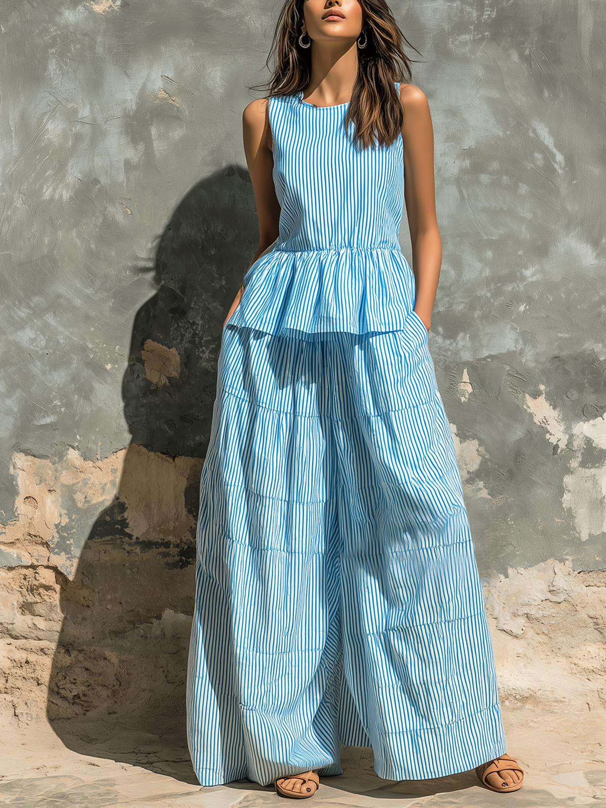 ElevenOra Chic Elegant Blue-White Stripes Round Neck Sleeveless Peplum Loose-Fit Top Cotton Blend Wide-Leg Pants Two-Piece Set