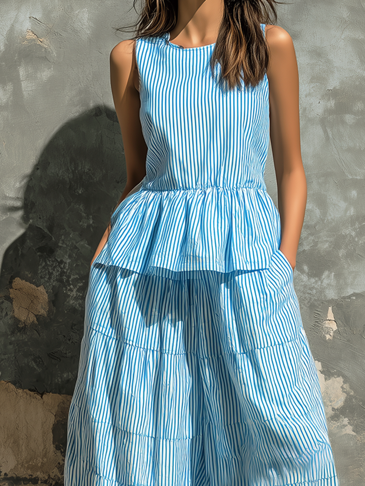 ElevenOra Chic Elegant Blue-White Stripes Round Neck Sleeveless Peplum Loose-Fit Top Cotton Blend Wide-Leg Pants Two-Piece Set