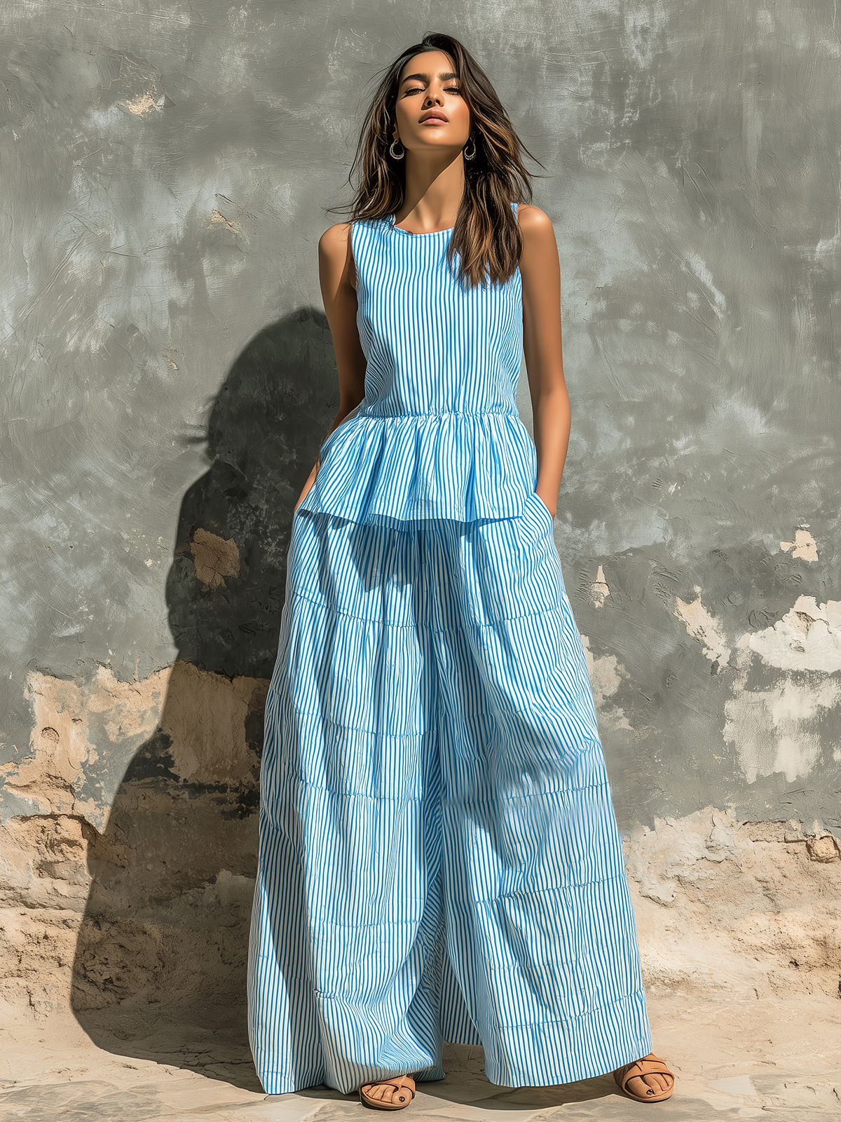 ElevenOra Chic Elegant Blue-White Stripes Round Neck Sleeveless Peplum Loose-Fit Top Cotton Blend Wide-Leg Pants Two-Piece Set
