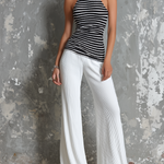 ElevenOra Chic Elegant Black-White Stripes Halter High-Neck Sleeveless Slim-Fit TankTop White Stretchy Ribbed Knit Fabric Wide-Leg Pants Two-Piece Set