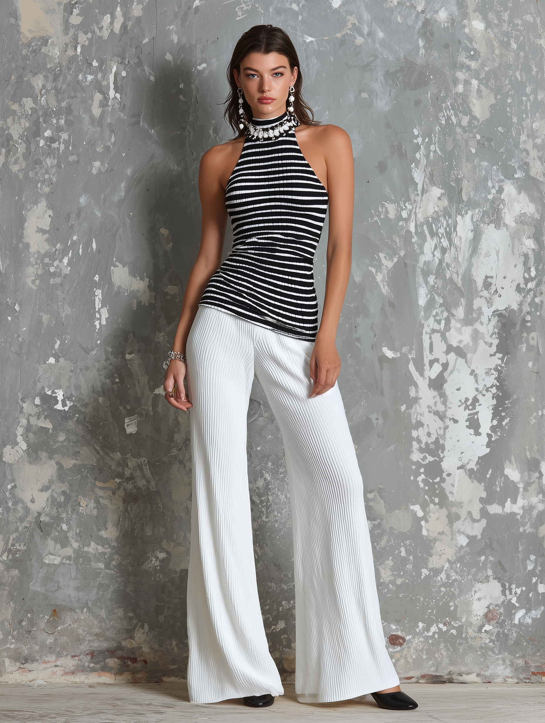 ElevenOra Chic Elegant Black-White Stripes Halter High-Neck Sleeveless Slim-Fit TankTop White Stretchy Ribbed Knit Fabric Wide-Leg Pants Two-Piece Set