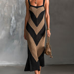 ElevenOra Chic Elegant Black-Camel Geometrical Colorblock Spaghetti Straps Square-Neck Sleeveless Slim-Waist Knit Maxi Dress