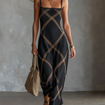 ElevenOra Chic Elegant Black-Camel Geometrical Printed Spaghetti Straps Square-Neck Sleeveless A-Line Maxi Dress