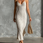 ElevenOra Chic Elegant Cream White Geometrical Jacquard Spaghetti Straps V-Neck Sleeveless Slim-Fit Knit Maxi Dress