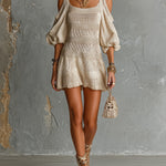 ElevenOra Chic Elegant Beige Patchwork Square-Neck Short-Sleeve Cold-Shoulder Loose-Fit A-Line Knit Mini Dress