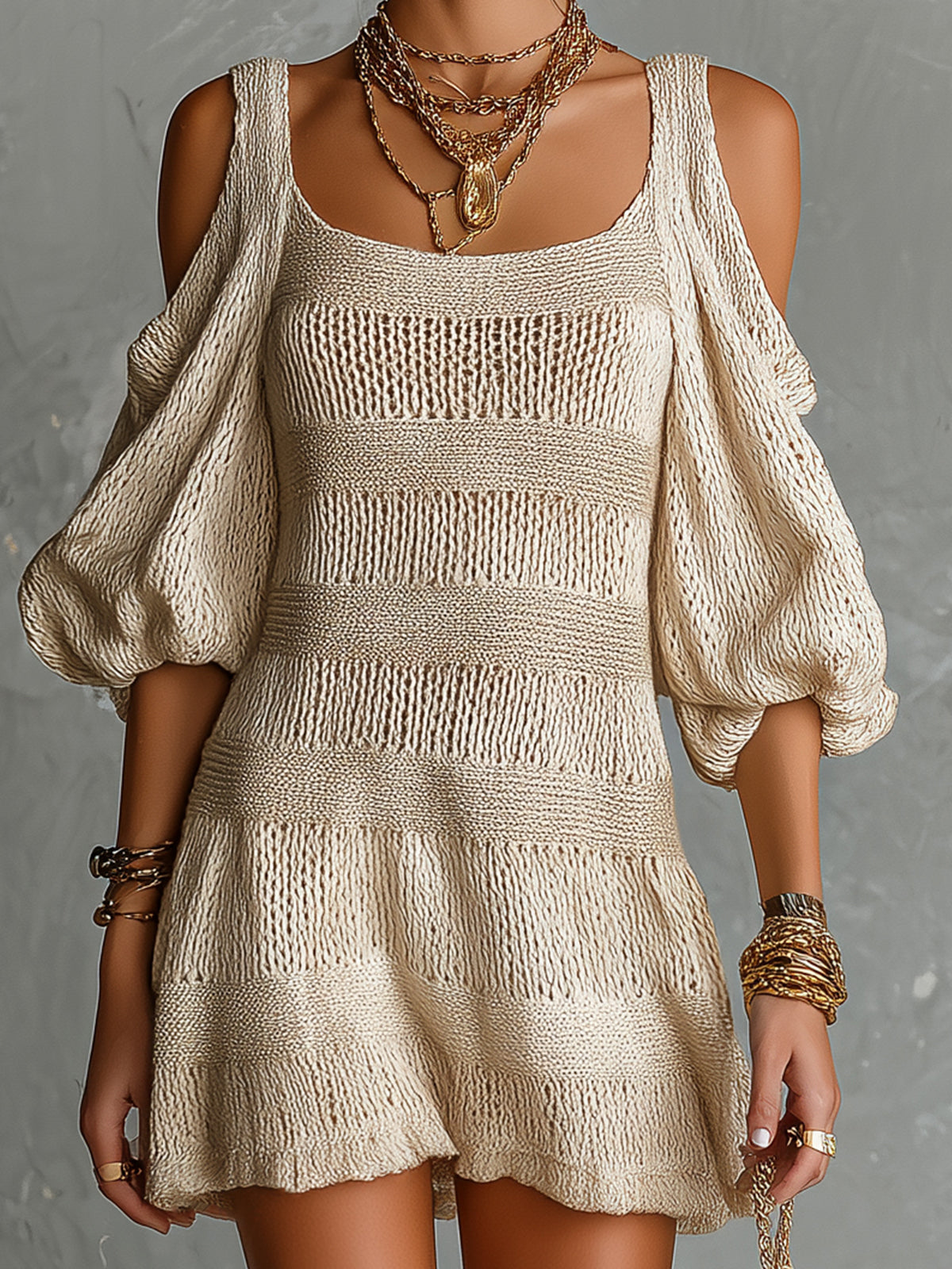 ElevenOra Chic Elegant Beige Patchwork Square-Neck Short-Sleeve Cold-Shoulder Loose-Fit A-Line Knit Mini Dress