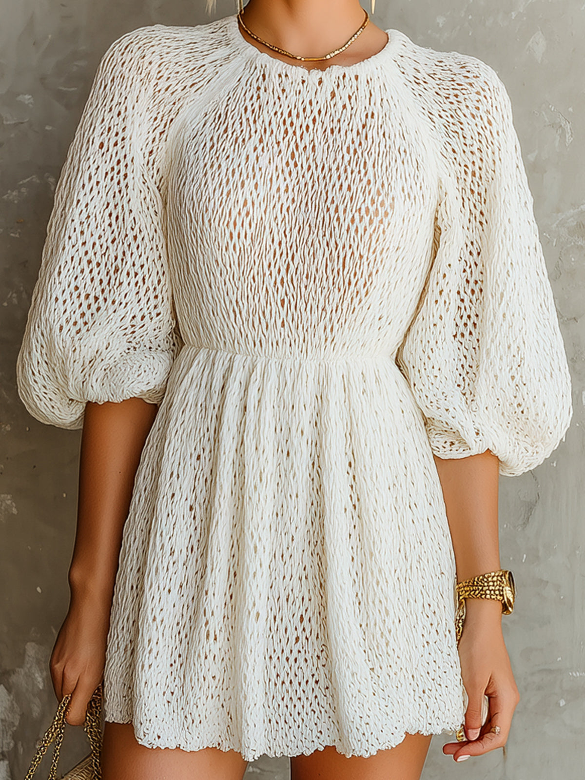 ElevenOra Chic Elegant Cream White Round-Neck Short-Lantern-Sleeve Loose-Fit A-Line Knit Mini Dress