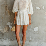 ElevenOra Chic Elegant Cream White Round-Neck Short-Lantern-Sleeve Loose-Fit A-Line Knit Mini Dress