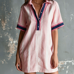 ElevenOra Chic Casual Pink Stripes Lapel Collar V-Neck Contrast Trim Button-Up Short-Sleeve Loose-Fit Cotton-Linen Blend Mini Dress
