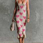 ElevenOra Chic Elegant Beige-Hot Pink Hearts Jacquard Spaghetti Straps Square-Neck Sleeveless Slim-Fit Knit Midi Dress