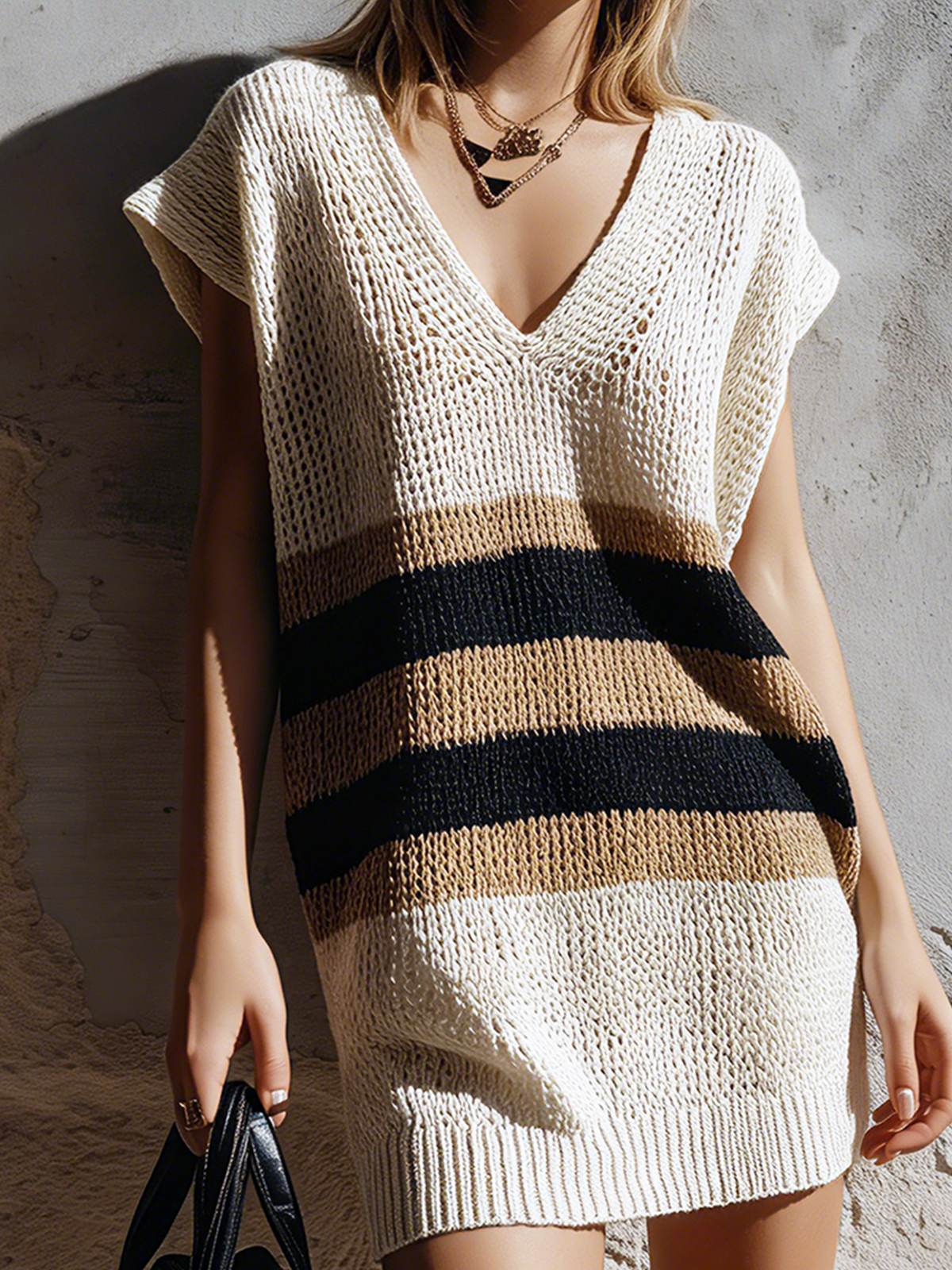 ElevenOra Chic Elegant Off-White Colorblock V-Neck Drop Shoulder Sleeveless Loose-Fit Knit Mini Dress