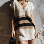 ElevenOra Chic Elegant Off-White Colorblock V-Neck Drop Shoulder Sleeveless Loose-Fit Knit Mini Dress
