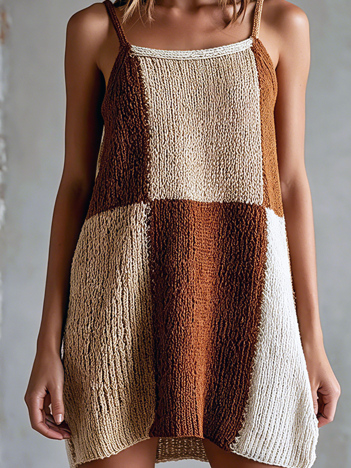 ElevenOra Chic Elegant Beige-Brown Colorblock Spaghetti-Strap  Sleeveless Loose-Fit A-line Knit Mini Dress