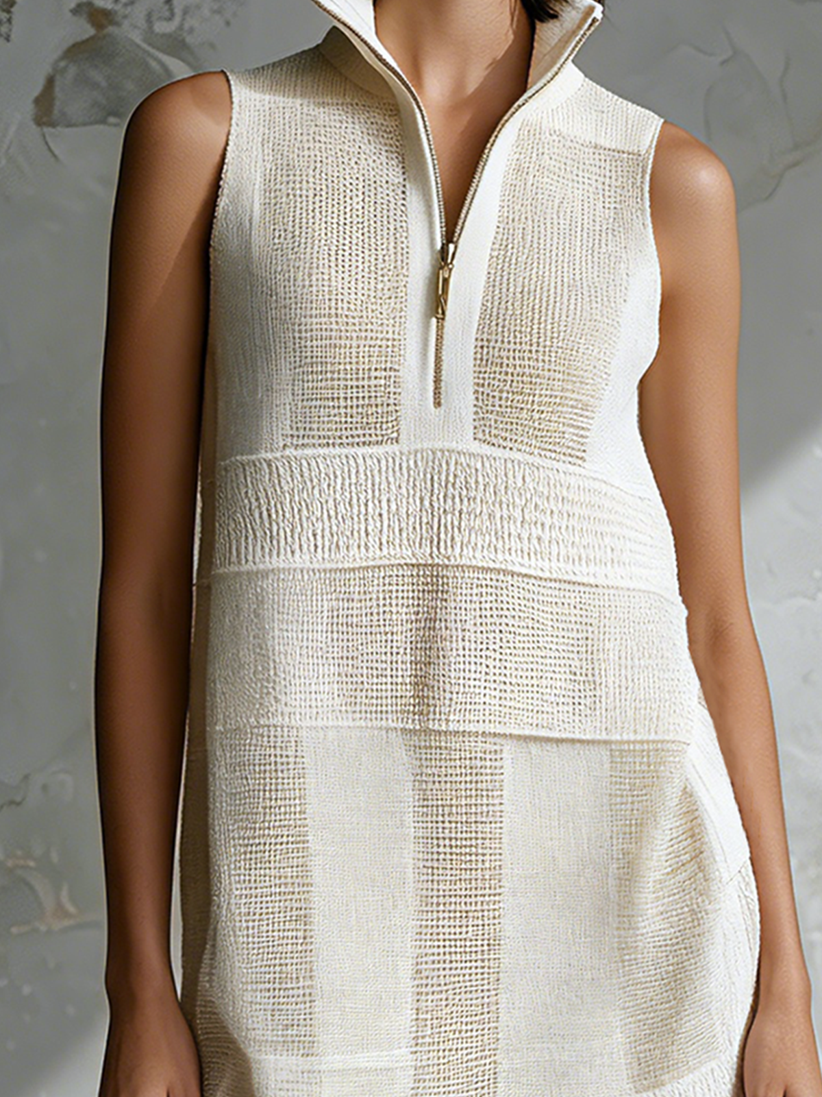 ElevenOra Chic Elegant White Stand Collar Zipper-Front Sleeveless Multi-Textured Loose-Fit Knit Vest Top