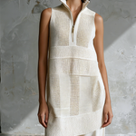 ElevenOra Chic Elegant White Stand Collar Zipper-Front Sleeveless Multi-Textured Loose-Fit Knit Vest Top