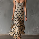ElevenOra Chic Elegant Beige-Black Hearts Print Spaghetti Straps Square-Neck Sleeveless Shirring Detail Slim-Fit Maxi Dress