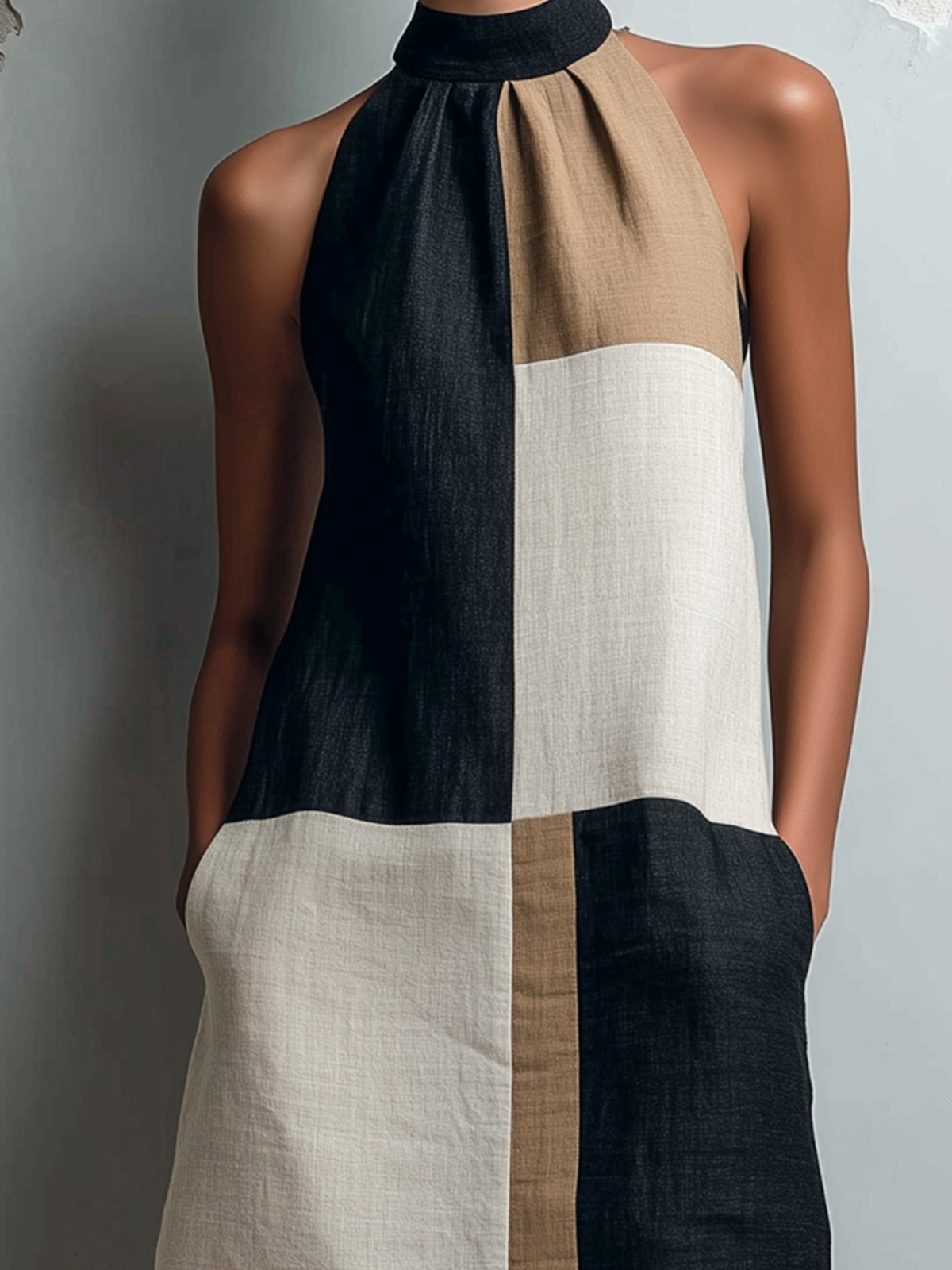 ElevenOra Chic Casual Black Camel-Off-White Colorblock Mock Halter Neck Sleeveless Loose-Fit Cotton-Linen Blend Mini Dress