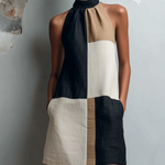 ElevenOra Chic Casual Black Camel-Off-White Colorblock Mock Halter Neck Sleeveless Loose-Fit Cotton-Linen Blend Mini Dress