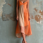ElevenOra Chic Elegant Bright Orange Colorblock Spaghetti Straps V-Neck Sleeveless Slim-Fit A-Line Chiffon Blend  Maxi Dress