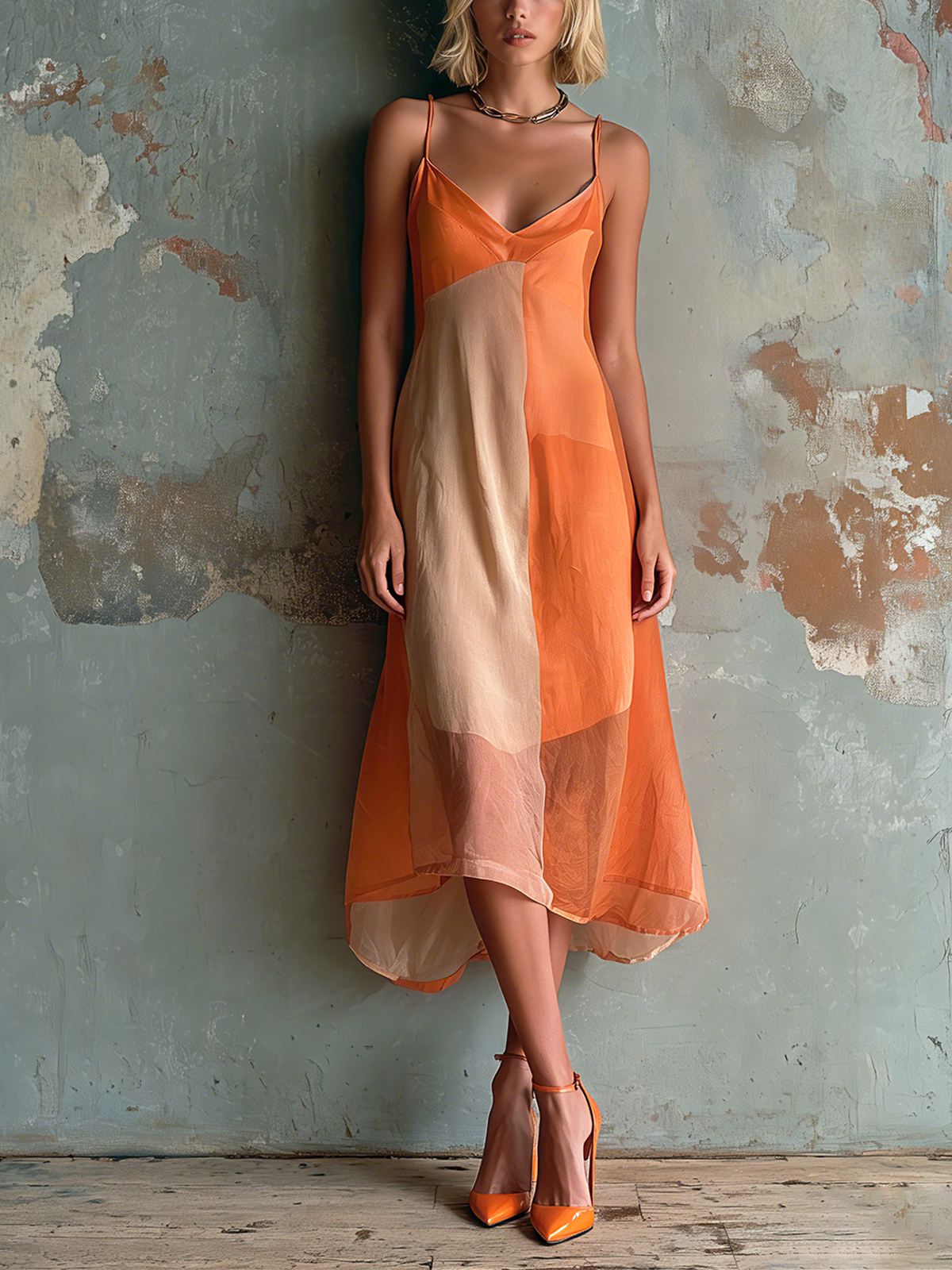 ElevenOra Chic Elegant Bright Orange Colorblock Spaghetti Straps V-Neck Sleeveless Slim-Fit A-Line Chiffon Blend  Maxi Dress