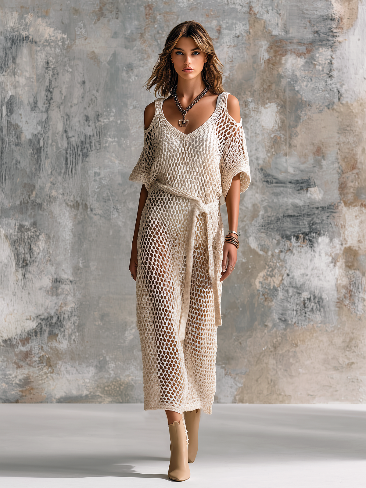 ElevenOra Chic Elegant Off-White Cold-Shoulder V-Neck Dolman Sleeves Loose-Fit  Self-Tie Belt Mesh Knit Midi Dress